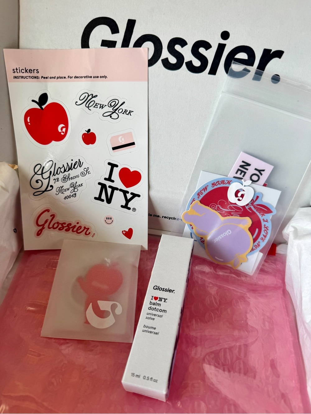 NIB GLOSSIER I Love NY Bundle: Apple Balm DotCom, Sticker Pack & Sheet, Keychain